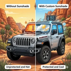Comparison infographic showing the temperature difference when using a jeep wrangler sunshade windshield.
