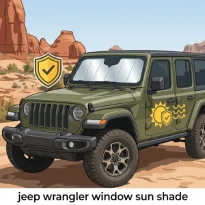 Illustration showing a jeep wrangler window sun shade blocking harmful UV rays and solar radiation.