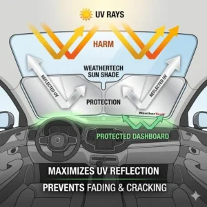 Diagram in this weathertech sun shade review showing how the product reflects UV rays to protect the dashboard.