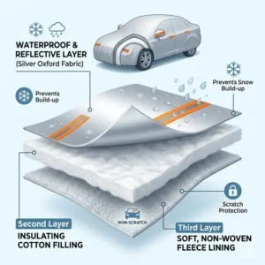 Diagram showing the multi-layer fabric construction of effective winter car covers for snow.