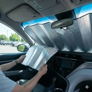 A silver folding accordion style being the best sunshade for car dashboard protection.