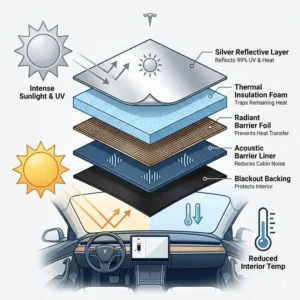 Detailed diagram showing the multi-layer thermal insulation technology used in the best tesla model y windshield sun shade.