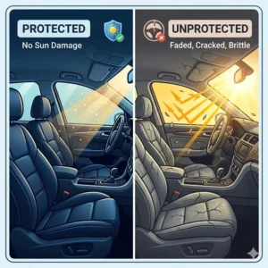 Illustration 2: Interior comparison showing how the best uv protection for car windows prevents leather seats from fading and cracking.
