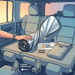 Demonstration of how to fold and store a compact windshield shade for jeep wrangler under the seat.