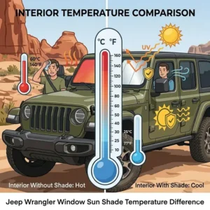 Diagram comparing the cool interior temperature of a vehicle with and without a jeep wrangler window sun shade.