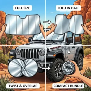 Demonstration of how to easily fold and store the jeep wrangler sunshade windshield into a compact shape.