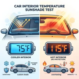 Digital thermal gauge results from a car interior temperature test comparing a safeguard vs metallic sunshade.