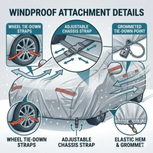 Close-up illustration of adjustable windproof straps securing winter car covers for snow.