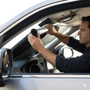 A person demonstrating the easy installation process for a weathertech sunshade review.