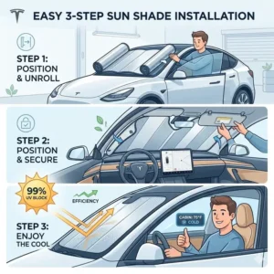 Easy 3-step guide on how to correctly install the best tesla model y windshield sun shade for maximum coverage.