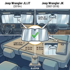 Size comparison and fitment guide of a windshield shade for jeep wrangler for JK and JL models.