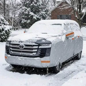 A large SUV in a driveway utilizing fitted winter car covers for snow protection.