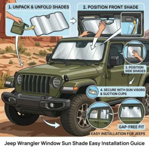 Step-by-step illustration of how to quickly unfold and secure a jeep wrangler window sun shade.