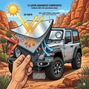Close-up of the multi-layer reflective material used in the jeep wrangler sunshade windshield design.