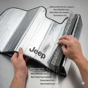 Technical diagram showing the multi-layer insulation of a high-quality windshield sun shade jeep wrangler.