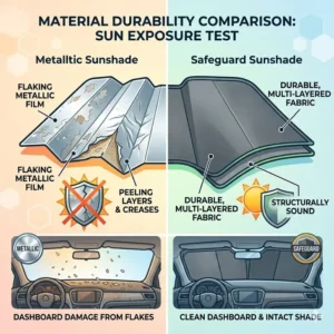 A close-up material durability study highlighting the long-term wear of a safeguard vs metallic sunshade.