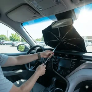 User installing an umbrella style version of the best sunshade for car in a sedan.