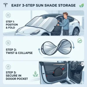 Demonstration of the foldable design and compact storage of the best tesla model y windshield sun shade in a door pocket.