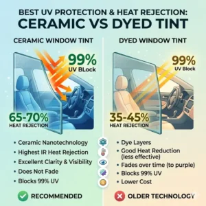 Illustration 4: Comparison chart of tint materials to help users choose the best uv protection for car windows and heat rejection.