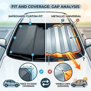 Visual gap analysis showing the edge-to-edge coverage of a safeguard vs metallic sunshade on a windshield.