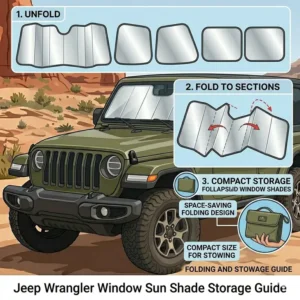 Illustration of a jeep wrangler window sun shade folded into a compact storage bag for easy stowing.