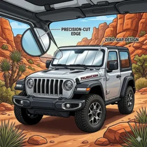 Interior view highlighting the precision-cut edges and zero-gap fit of the jeep wrangler sunshade windshield.