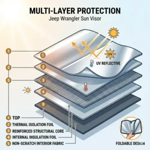 Technical diagram showing the 5-layer UV protection material of a windshield shade for jeep wrangler.