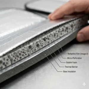 An off-road vehicle parked at a campsite using a windshield sun shade jeep wrangler to keep the cabin cool.