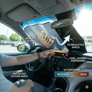 Visual demonstration of how the best sunshade for car blocks harmful UV rays.