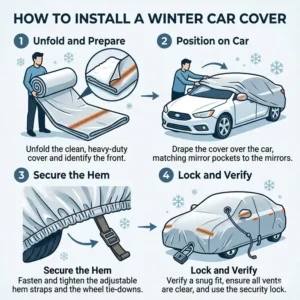 Step-by-step visual guide on how to properly install winter car covers for snow.