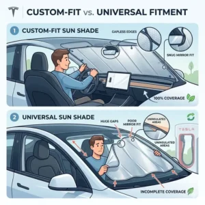 Comparison illustrating the gapless fit of the best tesla model y windshield sun shade versus a generic universal shade.