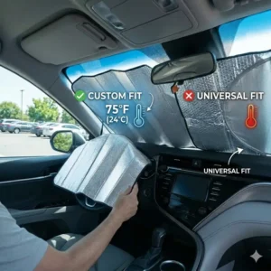 Comparison between a universal fit and the best sunshade for car with custom dimensions.