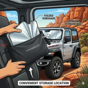 A jeep wrangler sunshade windshield being placed into its premium branded storage bag behind the seat.