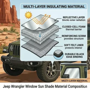 Close-up cross-section of the reflective and insulating layers used in a premium jeep wrangler window sun shade.