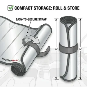 Illustration of the easy roll-up storage system for a comprehensive weathertech sun shade review.