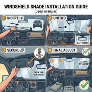 Easy 4-step installation guide for a custom-fit windshield shade for jeep wrangler.