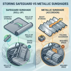 Side-by-side illustration of the storage space required for a safeguard vs metallic sunshade inside a vehicle.