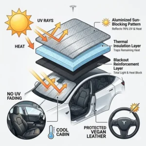 Technical illustration of the best tesla model y windshield sun shade blocking 99% of UV rays to protect the vegan leather dashboard.