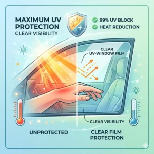 Illustration 6: Visualizing clear window film technology that maintains visibility while offering the best uv protection for car windows.
