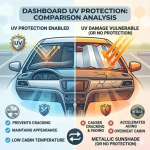 Dashboard condition after sun exposure comparing the UV protection efficiency of a safeguard vs metallic sunshade.