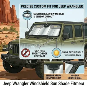 Illustration highlighting the precise, gap-free fit of a custom jeep wrangler window sun shade around a rearview mirror.