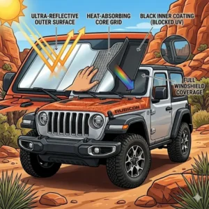 Diagram showing the ultra-reflective outer surface of the jeep wrangler sunshade windshield for maximum cooling.