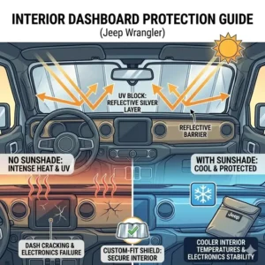 Visual proof of how a windshield shade for jeep wrangler prevents dashboard cracking and electronics damage.