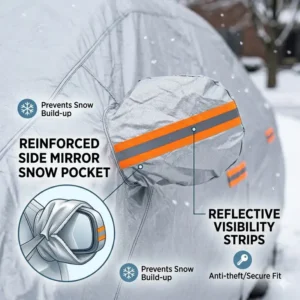 Detailed view of the custom side mirror pockets on winter car covers for snow.