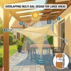 Illustration 6: Layout of overlapping sails for users asking what size sunshade do i need for a large backyard.