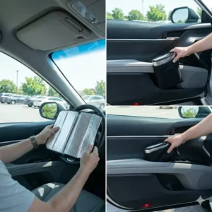 Showing the compact storage pouch of the best sunshade for car in a door pocket.