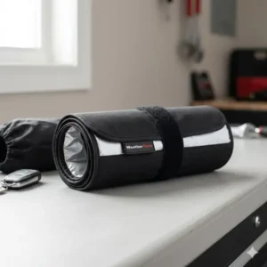 The product rolled up and secured with a strap for a weathertech sunshade review storage test.