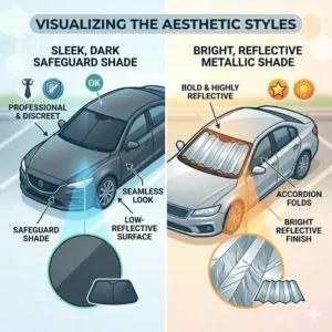 Exterior view of a car displaying the aesthetic styles and finish of a safeguard vs metallic sunshade.