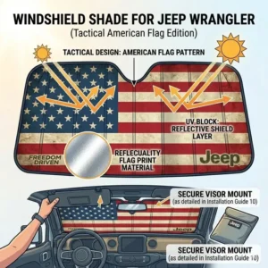 A tactical American flag style windshield shade for jeep wrangler providing both style and heat protection.