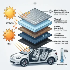 A high-angle view of a cool and shaded Tesla cabin equipped with the best tesla model y windshield sun shade.